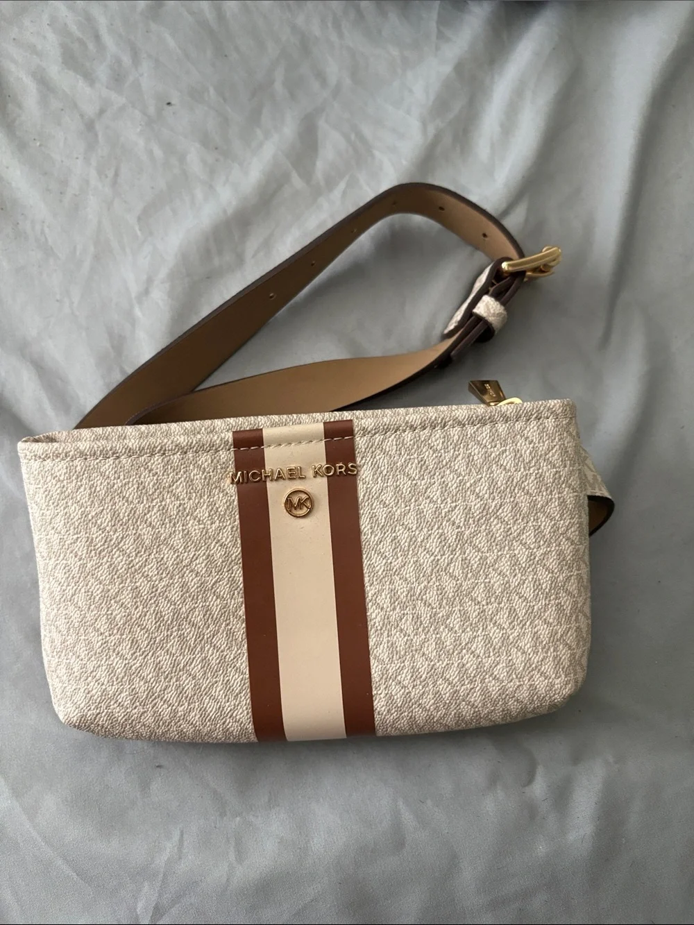 Michael Kors Cream and Brown Signature Stripe Crossbody